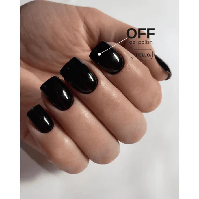 Hand with black nail polish on a white background, featuring 'OFF gel polish' branding.