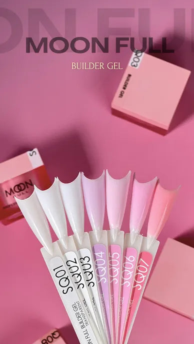 Set of nail gel tips with 'MOON FULL Builder Gel' branding on a pink background