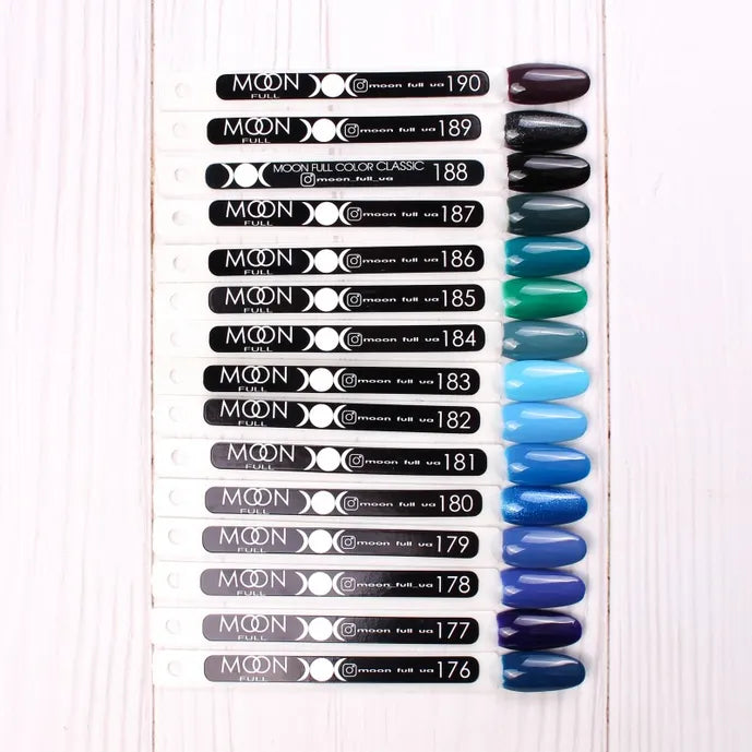 Color swatch of Moon Polish nail polishes with corresponding color names on a white background