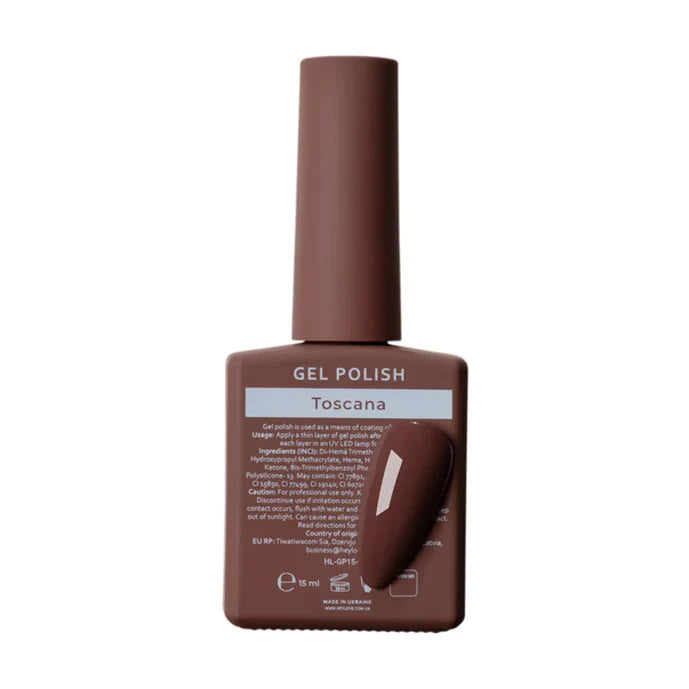 Brown bottle of Gel Polish with 'Toscana' label on a white background