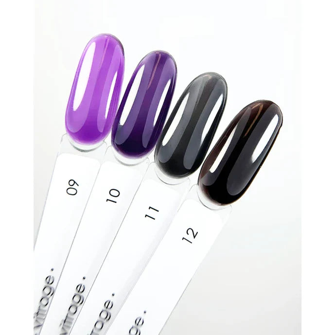 Set of nail polish samples with purple, black, and brown colors on a white background