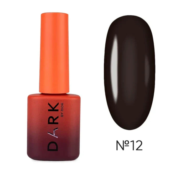Nail polish bottle with orange cap and dark brown nail color swatch on a white background